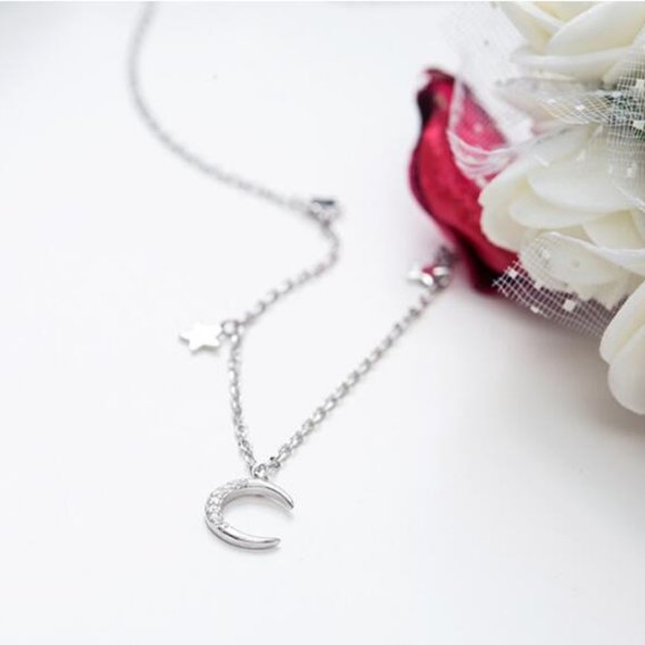 *925 Sterling Silver Diamond Moon Star Necklace E1 - Picture 11 of 14